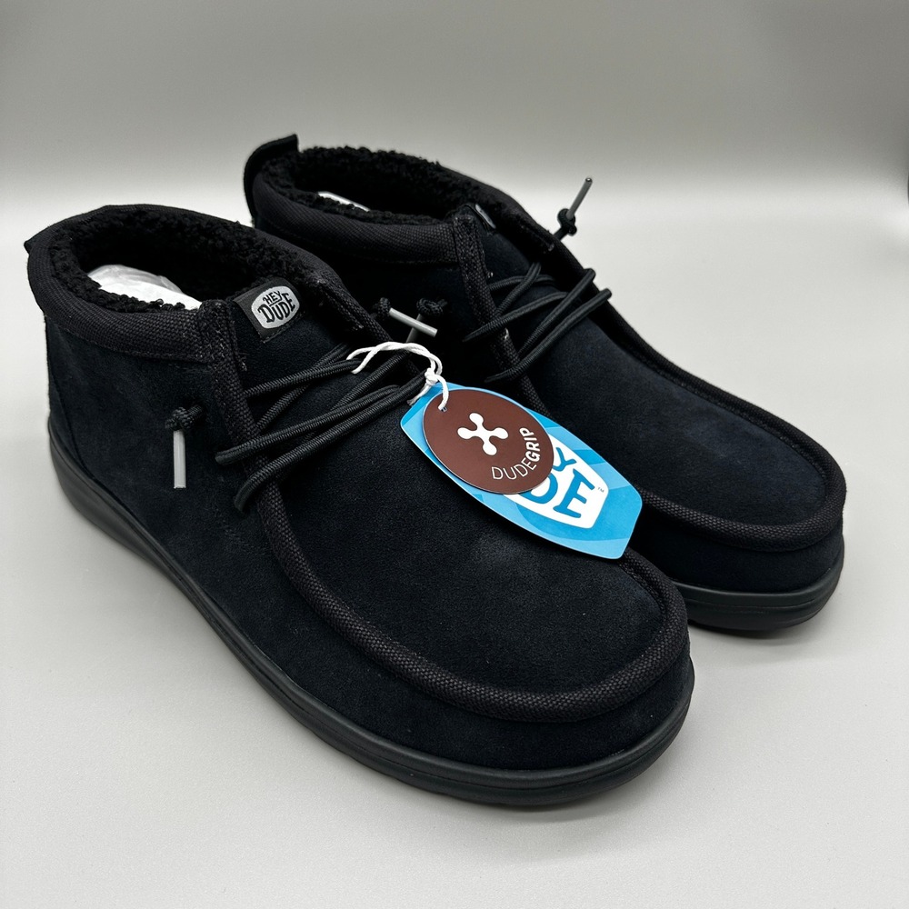 Hey‎ Dude Wally Mid Gripr Warmth Shoes Mens 11 Black Suede Faux Fur Lined NEW